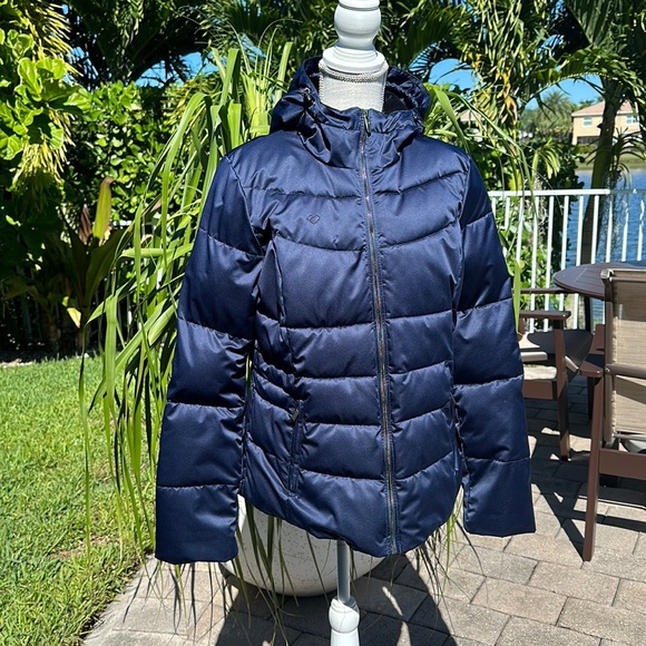 OBERMEYER LADIES HOODED BLUE PUFFER SKI JACKET SIZE IS MISSING SEE DESCR…